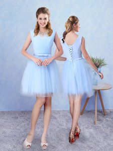 Aqua Blue Sleeveless Ruching Knee Length Court Dresses for Sweet 16