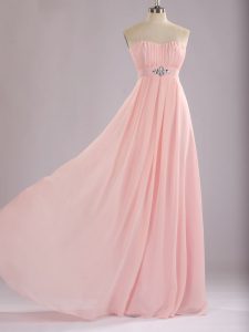 Sleeveless Chiffon Floor Length Zipper Quinceanera Dama Dress in Baby Pink with Beading and Ruching