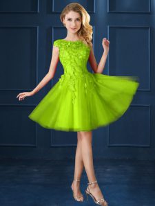 Flare Lace and Appliques Quinceanera Dama Dress Yellow Green Lace Up Cap Sleeves Knee Length
