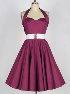 Eye-catching Knee Length Lace Up Quinceanera Dama Dress Burgundy for Prom and Party and Wedding Party with Belt