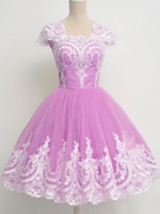 Superior Lilac A-line Square Cap Sleeves Tulle Knee Length Zipper Lace Court Dresses for Sweet 16