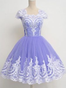 Decent Knee Length Zipper Damas Dress Lavender for Prom and Party and Wedding Party with Lace