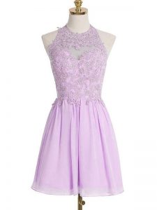 Halter Top Sleeveless Quinceanera Court of Honor Dress Knee Length Appliques Lavender Chiffon