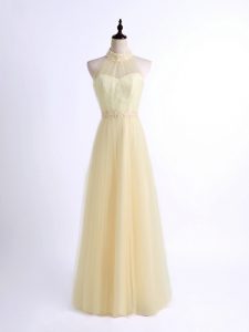 Sleeveless Floor Length Lace and Appliques Lace Up Quinceanera Dama Dress with Light Yellow