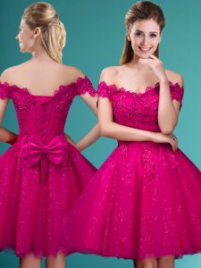 Hot Sale A-line Quinceanera Dama Dress Fuchsia Off The Shoulder Tulle Cap Sleeves Knee Length Lace Up