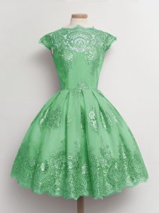 Cap Sleeves Tulle Knee Length Lace Up Vestidos de Damas in Green with Lace