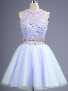 Sweet Sleeveless Tulle Knee Length Lace Up Dama Dress for Quinceanera in Lavender with Beading