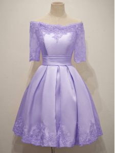 Extravagant Knee Length Lace Up Vestidos de Damas Lavender for Prom and Party and Wedding Party with Lace