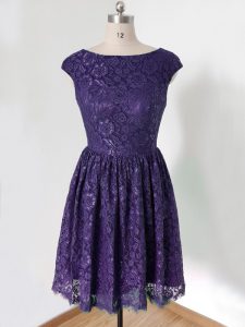 Pretty Lace Scoop Cap Sleeves Lace Up Lace Quinceanera Dama Dress in Purple