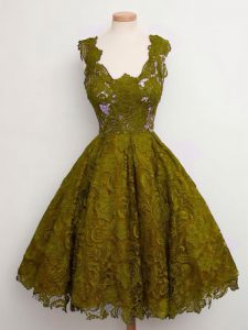 On Sale Olive Green A-line Straps Sleeveless Lace Knee Length Lace Up Lace Court Dresses for Sweet 16
