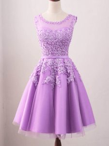 Exquisite Lace Dama Dress for Quinceanera Lilac Lace Up Sleeveless Knee Length