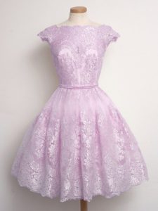 Hot Selling Lilac Lace Lace Up Damas Dress Cap Sleeves Knee Length Lace