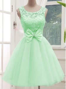 Apple Green A-line Lace and Bowknot Vestidos de Damas Lace Up Tulle Sleeveless Knee Length