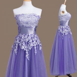 Tea Length Lavender Quinceanera Court of Honor Dress Tulle Sleeveless Appliques