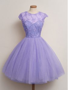 Chic Lavender Tulle Lace Up Court Dresses for Sweet 16 Cap Sleeves Knee Length Lace