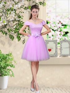 Custom Made V-neck Cap Sleeves Damas Dress Knee Length Lace and Belt Lilac Tulle