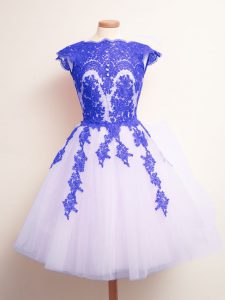 Sophisticated Blue And White Tulle Lace Up Scalloped Sleeveless Mini Length Quinceanera Court of Honor Dress Appliques