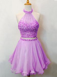 Stylish Lilac Organza Lace Up Halter Top Sleeveless Knee Length Quinceanera Dama Dress Beading