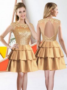 High Quality Gold Taffeta Backless Dama Dress Sleeveless Knee Length Beading and Lace