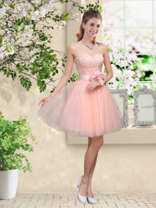 Knee Length Lace Up Quinceanera Court Dresses Peach for Prom and Party with Lace and Belt