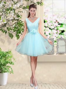 Fashion Sleeveless Tulle Knee Length Lace Up Quinceanera Court of Honor Dress in Aqua Blue with Lace and Belt