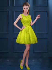 Fantastic Knee Length Yellow Green Quinceanera Court of Honor Dress Tulle Sleeveless Lace and Ruffled Layers