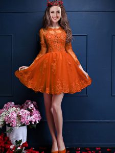 3 4 Length Sleeve Mini Length Beading and Lace and Appliques Lace Up Damas Dress with Orange Red