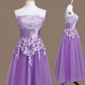 Ideal Lavender Lace Up Strapless Appliques Damas Dress Tulle Sleeveless