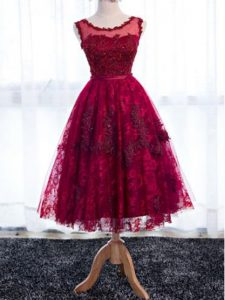 Tea Length Zipper Quinceanera Court Dresses Fuchsia for Prom and Party and Wedding Party with Lace