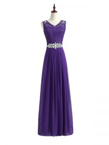 Lavender Chiffon Zipper Dama Dress for Quinceanera Sleeveless Floor Length Beading and Lace