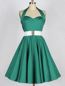 Decent Dark Green Quinceanera Dama Dress Prom and Party and Wedding Party with Belt Halter Top Sleeveless Lace Up