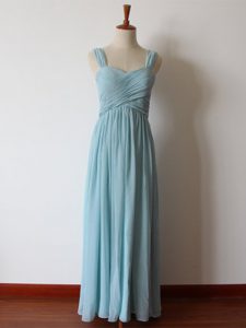 Super Sleeveless Floor Length Ruching Zipper Dama Dress for Quinceanera with Aqua Blue