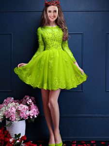 Stylish Yellow Green Chiffon Lace Up Vestidos de Damas 3 4 Length Sleeve Mini Length Beading and Lace and Appliques