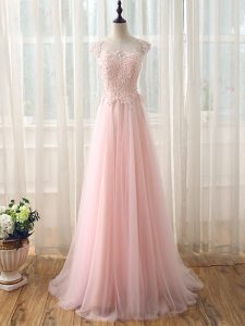 Customized Baby Pink Court Dresses for Sweet 16 Tulle Brush Train Cap Sleeves Beading and Lace