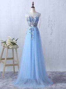 Tulle Scoop Sleeveless Side Zipper Appliques Dama Dress for Quinceanera in Light Blue