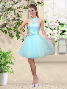 Sleeveless Tulle Knee Length Lace Up Dama Dress for Quinceanera in Aqua Blue with Lace and Belt