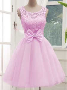 Lace and Bowknot Quinceanera Court Dresses Lilac Lace Up Sleeveless Knee Length