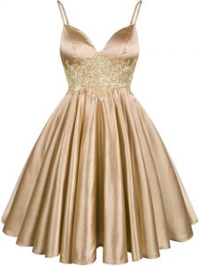 New Arrival Sleeveless Elastic Woven Satin Knee Length Lace Up Quinceanera Dama Dress in Champagne with Lace