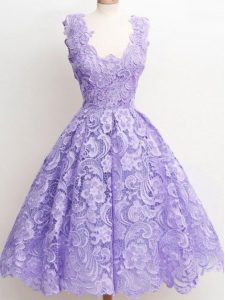 Wonderful Lavender A-line Straps Sleeveless Lace Knee Length Zipper Lace Quinceanera Court Dresses