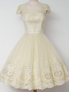 Light Yellow A-line Lace Quinceanera Court Dresses Zipper Tulle Cap Sleeves Knee Length