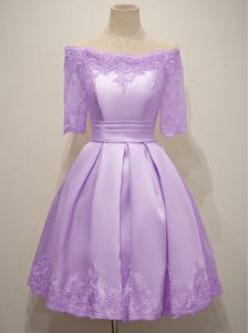 A-line Dama Dress Lavender Off The Shoulder Taffeta Short Sleeves Knee Length Lace Up