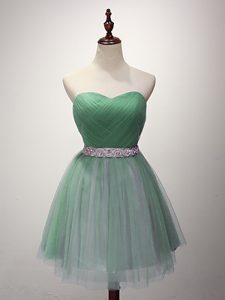 Green A-line Tulle Sweetheart Sleeveless Beading and Ruching Mini Length Lace Up Dama Dress