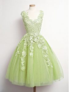 Luxurious Tulle V-neck Sleeveless Lace Up Appliques Quinceanera Dama Dress in Yellow Green