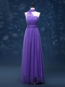 Lavender Sleeveless Floor Length Ruching Lace Up Dama Dress