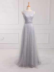 Grey Empire Scoop Sleeveless Tulle and Lace Brush Train Zipper Beading and Lace Damas Dress