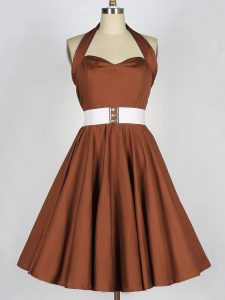 Glittering A-line Dama Dress for Quinceanera Brown Halter Top Taffeta Sleeveless Knee Length Zipper