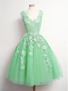 Green Lace Up V-neck Appliques Court Dresses for Sweet 16 Tulle Sleeveless