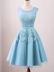Luxury Aqua Blue Sleeveless Lace Knee Length Quinceanera Court Dresses