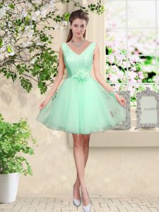 Stunning Sleeveless Tulle Knee Length Lace Up Vestidos de Damas in Apple Green with Lace and Belt