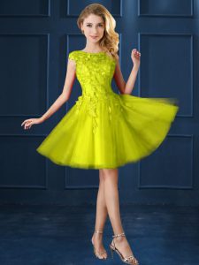 Edgy Yellow Bateau Neckline Lace and Appliques Dama Dress for Quinceanera Cap Sleeves Lace Up